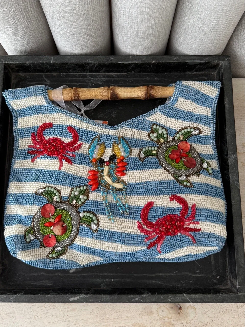 Beaded Blue & White Striped Tote with Marine Embellishments